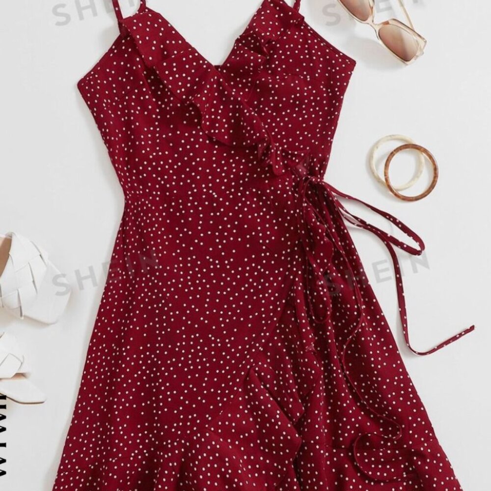 SHEIN Polka Dot Knot Side Ruffle Trim Wrap Cami Dress | Rede
